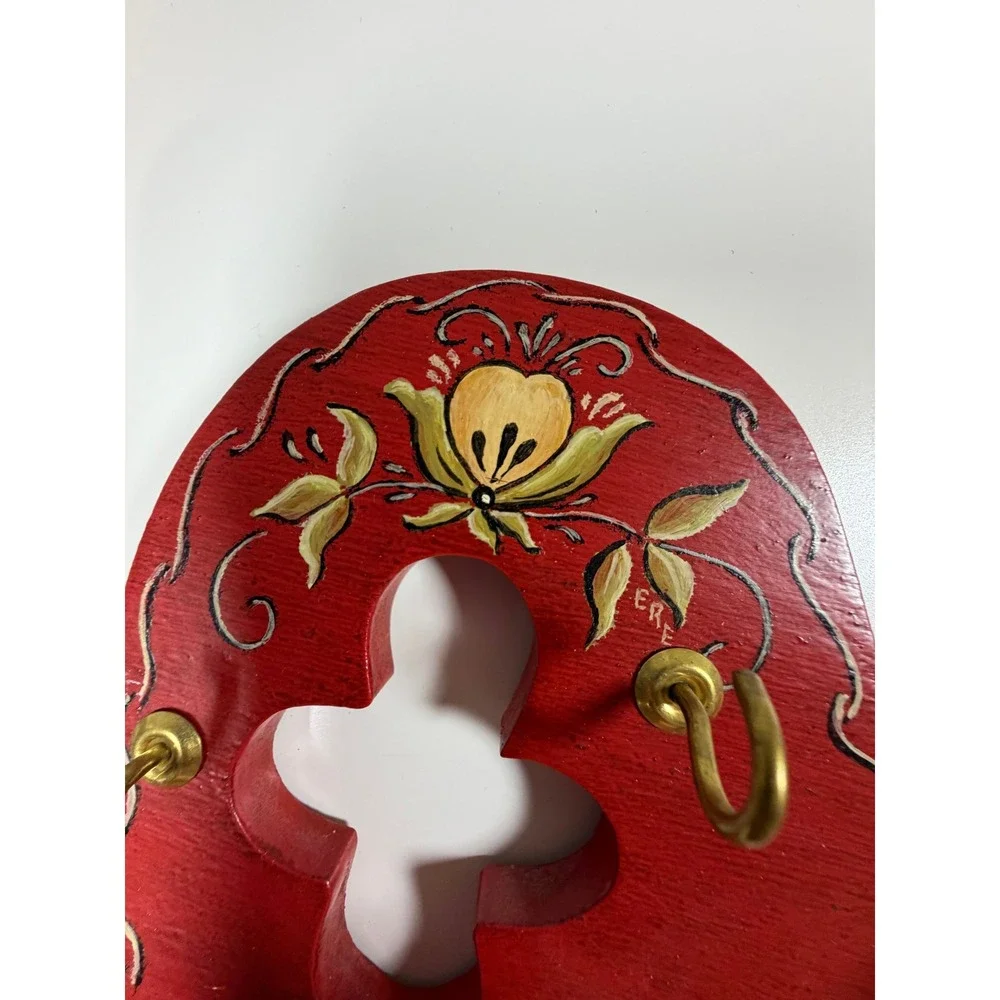 Scandinavian Wooden Key Holder Rosemaling Red Folk Art Hand Painted Wall Decor